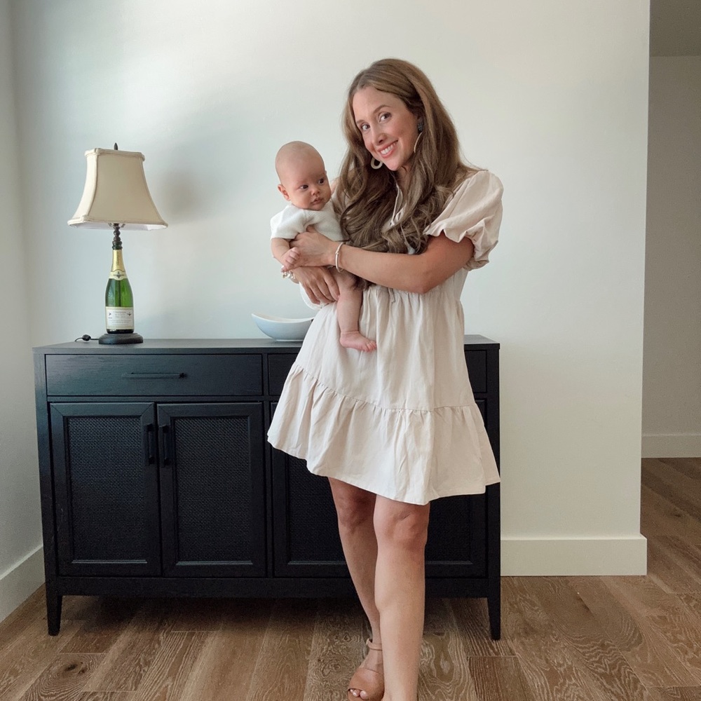 Tan / Peach Puff Sleeve Spring Dress